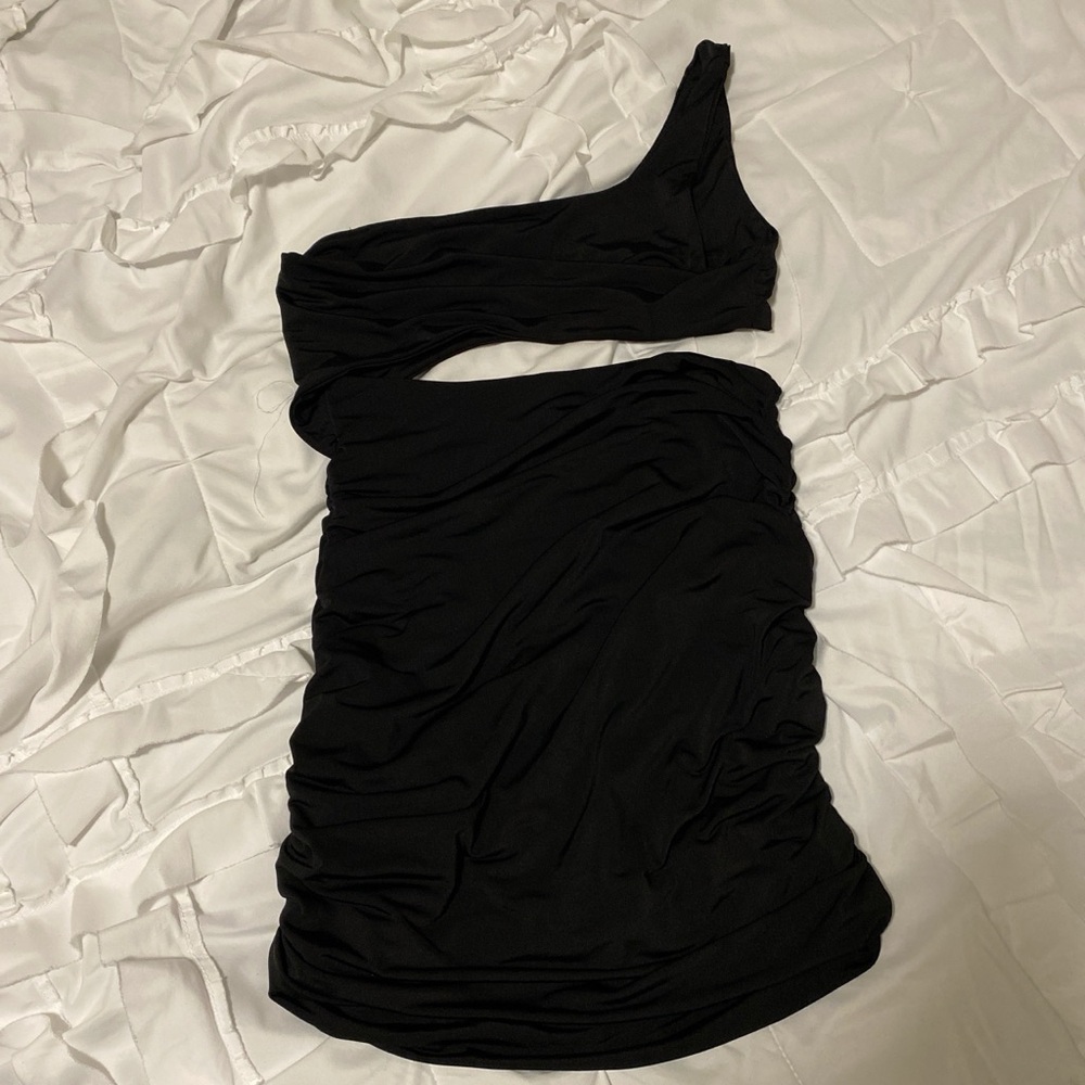 XS Black one-shoulder ruched mini dress.